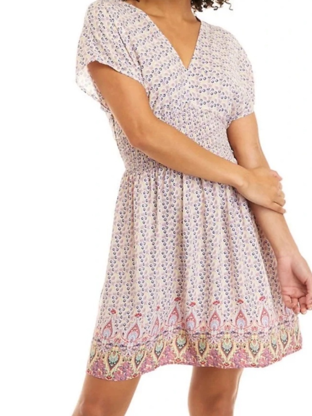 Bebop Floral Boho Mini Dress Pink Paisley Smocked Waist Size Small NWT